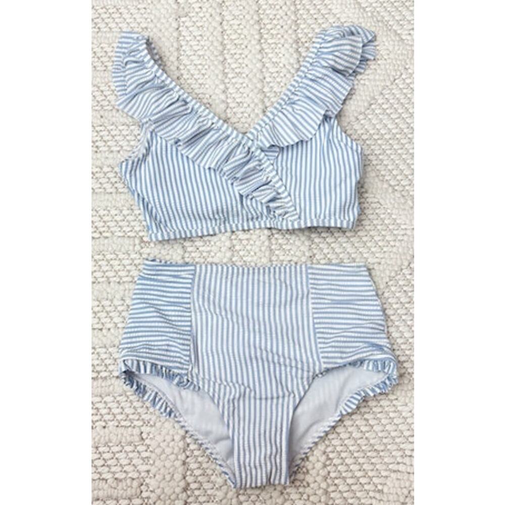 Girls Ruffle Butts Blue & White Ruffle Pinstriped 2 Piece Swimsuit Size 10